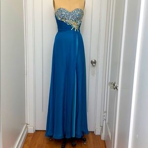 Peacock colored strapless Mac Duggal